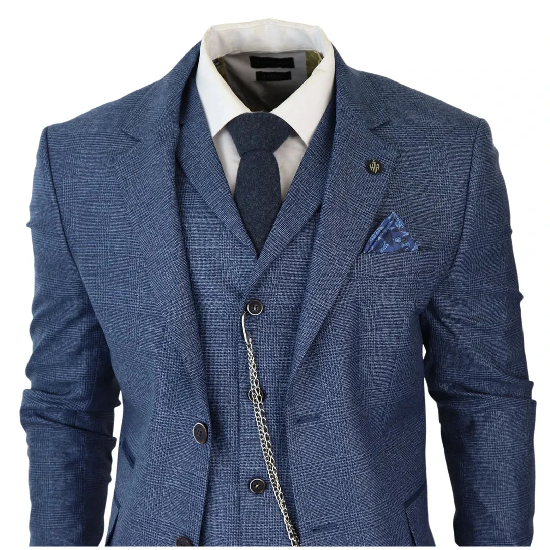 AK-09 - Men's 3 Piece Blue Prince Of Wales Check Suit