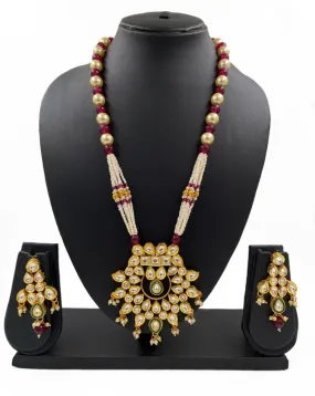 Antique Designer Gold Toned Polki Kundan Pendant With Pearls Necklace Set For Woman