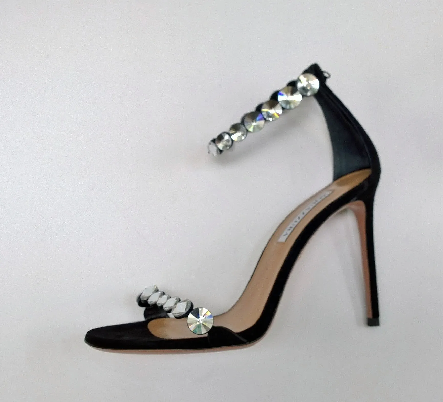 Aquazzura Max Tequila 105 Black Suede Rhinestone Ankle Strap Heels Sandals