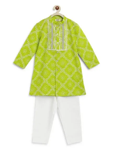 Boy Bandhani Print Cotton Kurta Set - Green