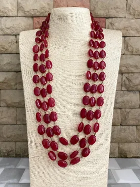 Designer Semi Precious Triple Layered Ruby Red Jade Beaded Mala Necklace For Grooms And Ladies