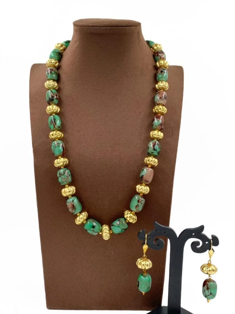 Designer Semi Precious Turquoise Green Chalcedony Stone Beads Necklace By Gehna Shop