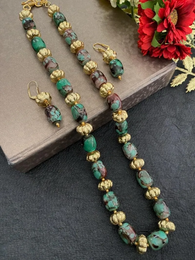 Designer Semi Precious Turquoise Green Chalcedony Stone Beads Necklace By Gehna Shop