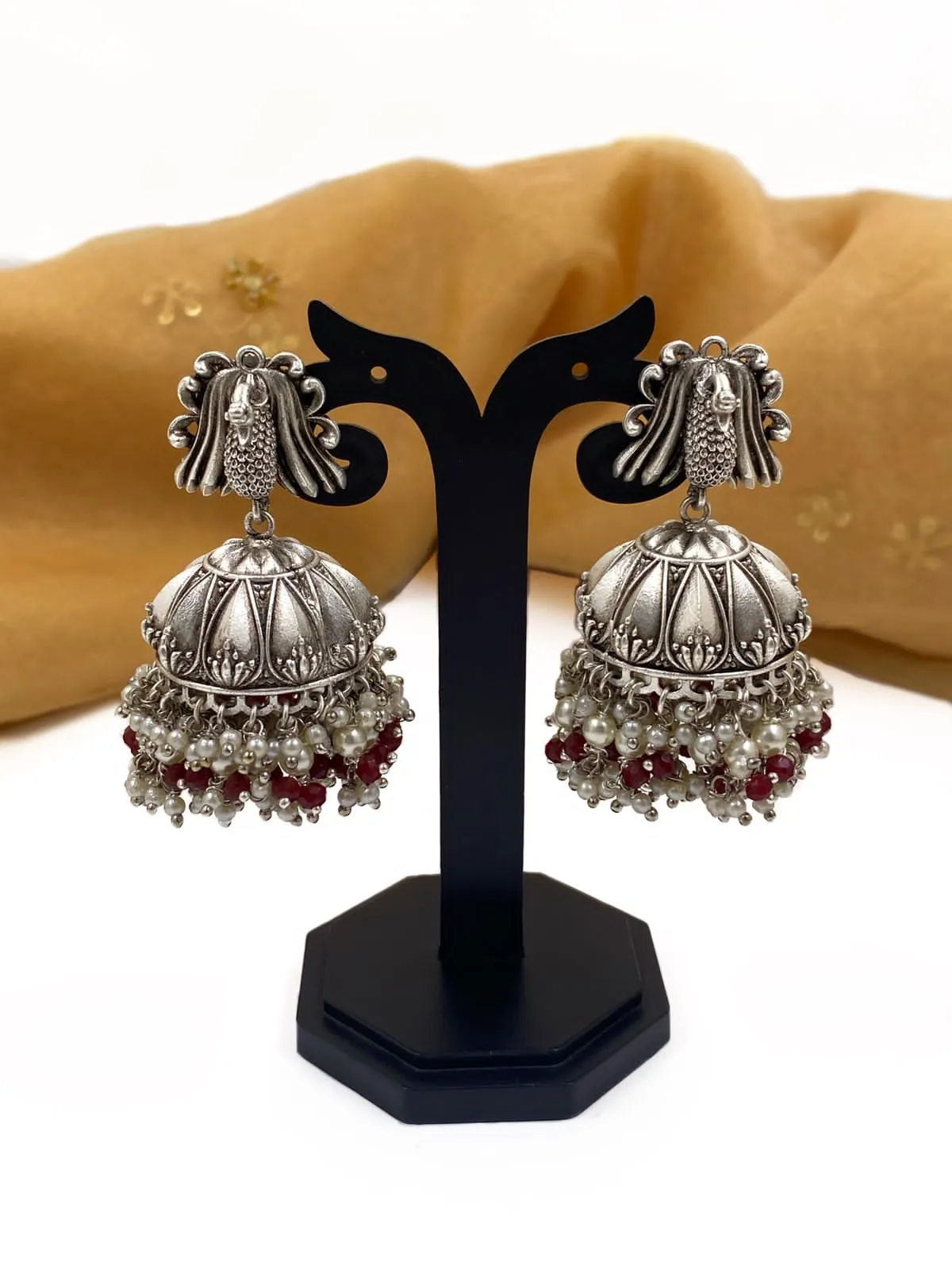 Designer Silver Plated Peacock Design Wedding Jhumka Earrings For Ladies By Gehna Shop