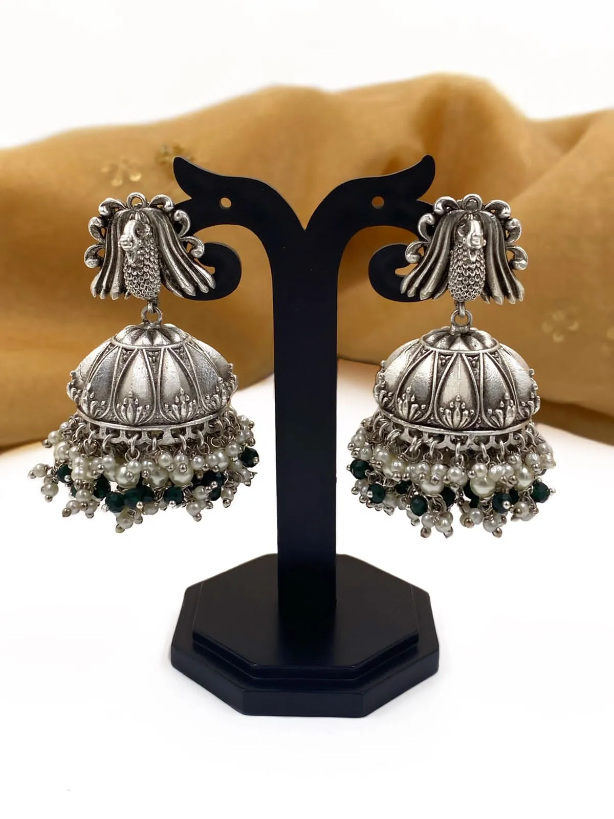 Designer Silver Plated Peacock Design Wedding Jhumka Earrings For Ladies By Gehna Shop