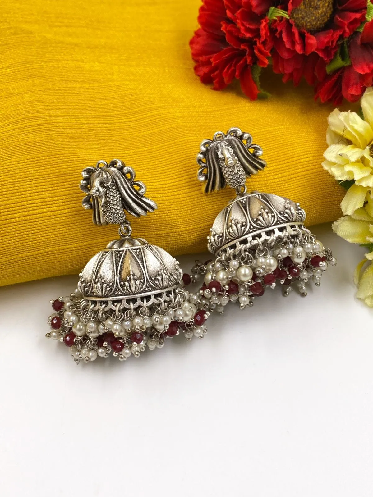 Designer Silver Plated Peacock Design Wedding Jhumka Earrings For Ladies By Gehna Shop