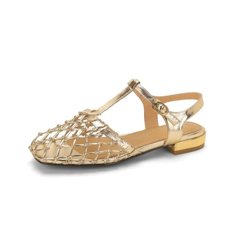 Designer Summer Shoes Genuine Leather Gladiator Sandals Knit Retro Flats Golden/Silver