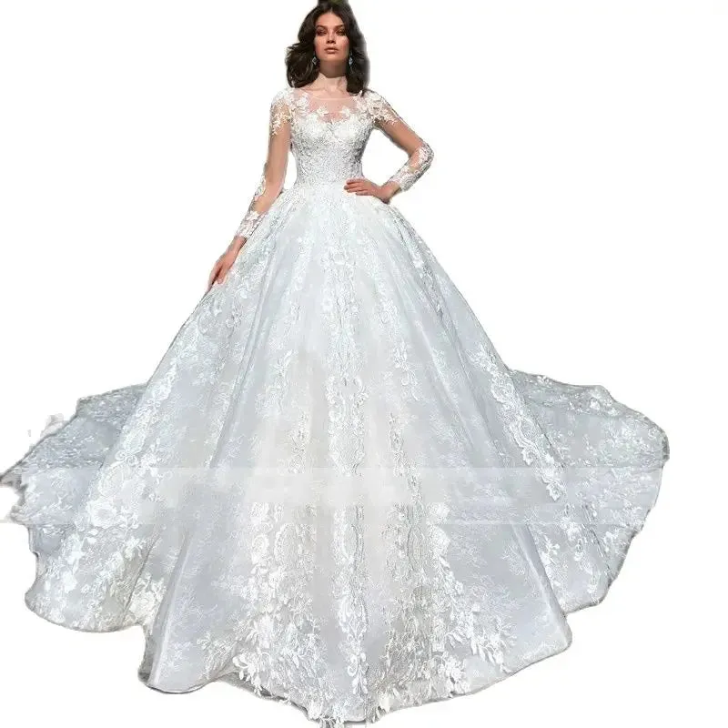 Elegant White Crewneck Tulle Long Sleeve Beaded Bridal Maxi Dress