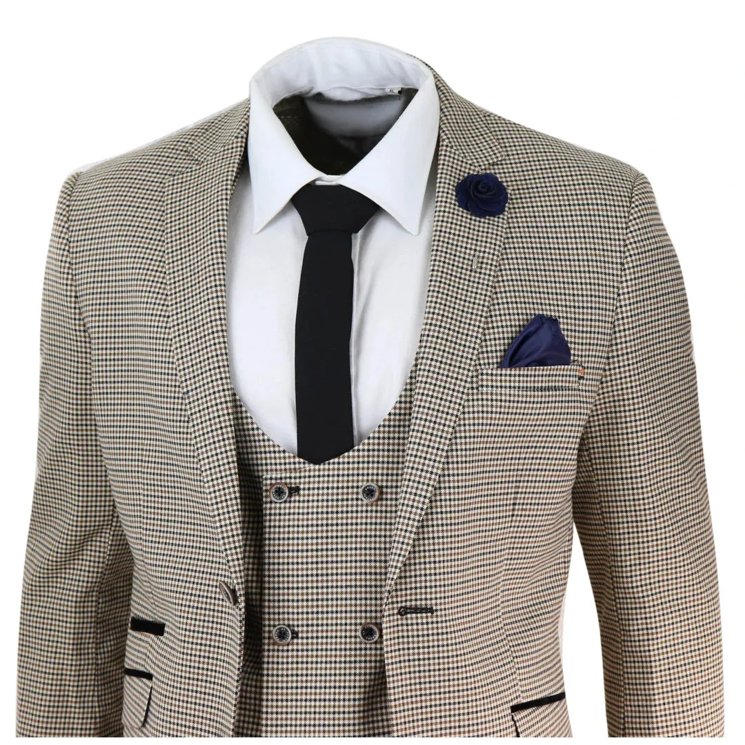 Elwood - Men's Beige Navy Check Suit Classic Prince Of Wales Wedding