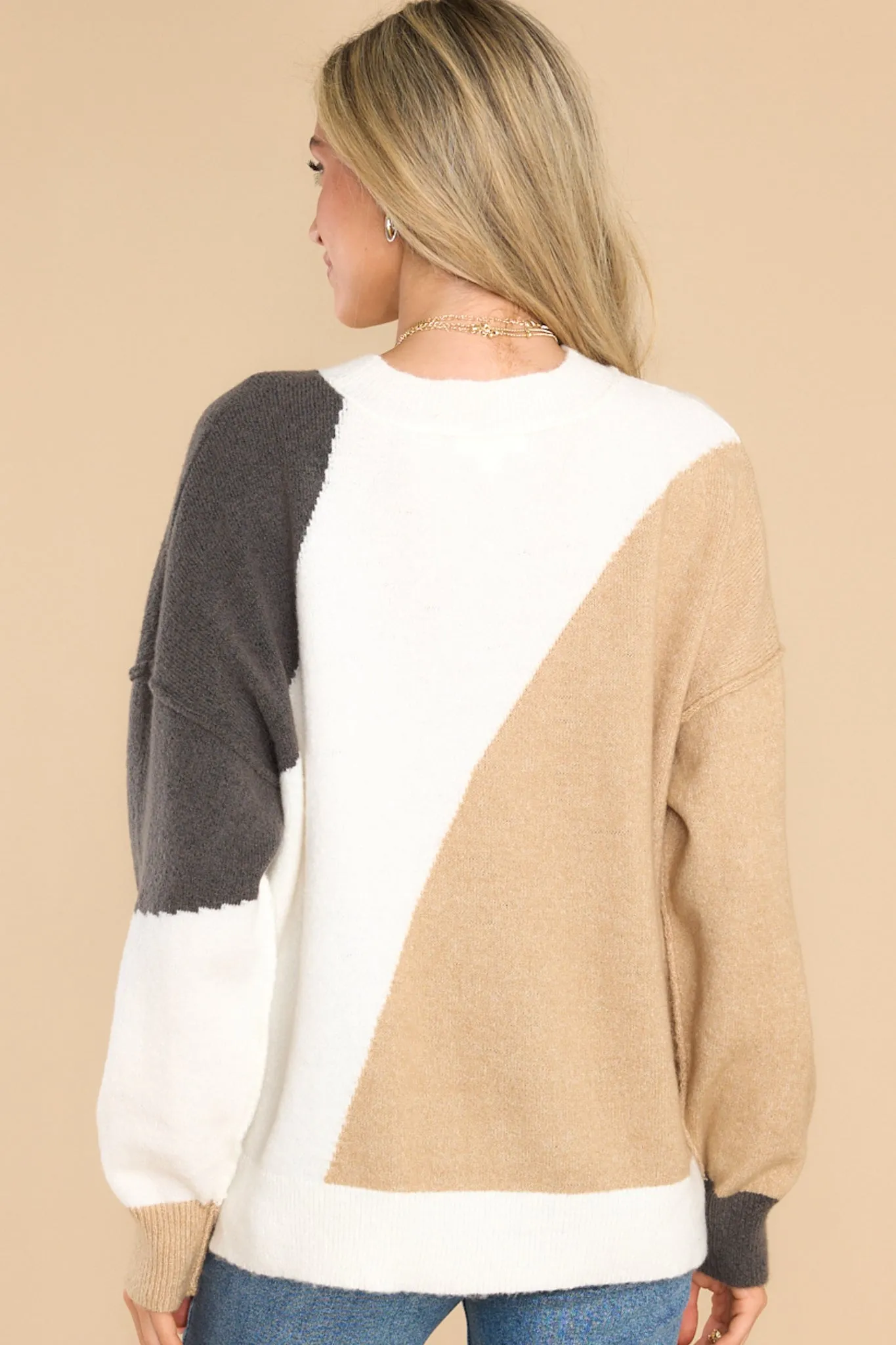 Feeling The Fun Taupe Color Block Knit Sweater