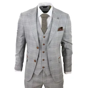 francis - Men's Grey 3 Piece Suit Tan Brown Check Velvet Trims Wedding