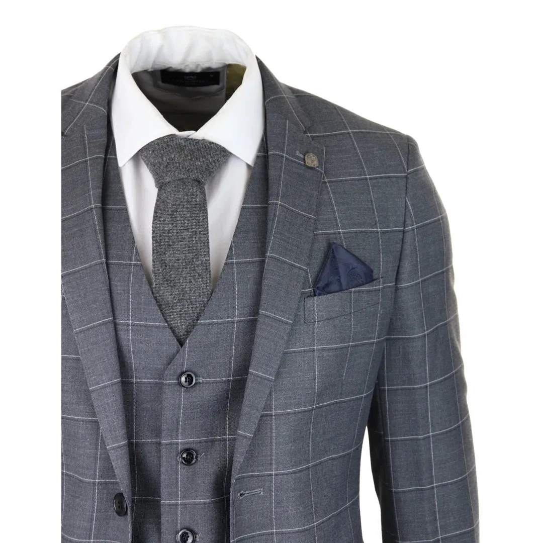 Hobbs - Men's Grey Check 3 Piece Suit Wedding Classic