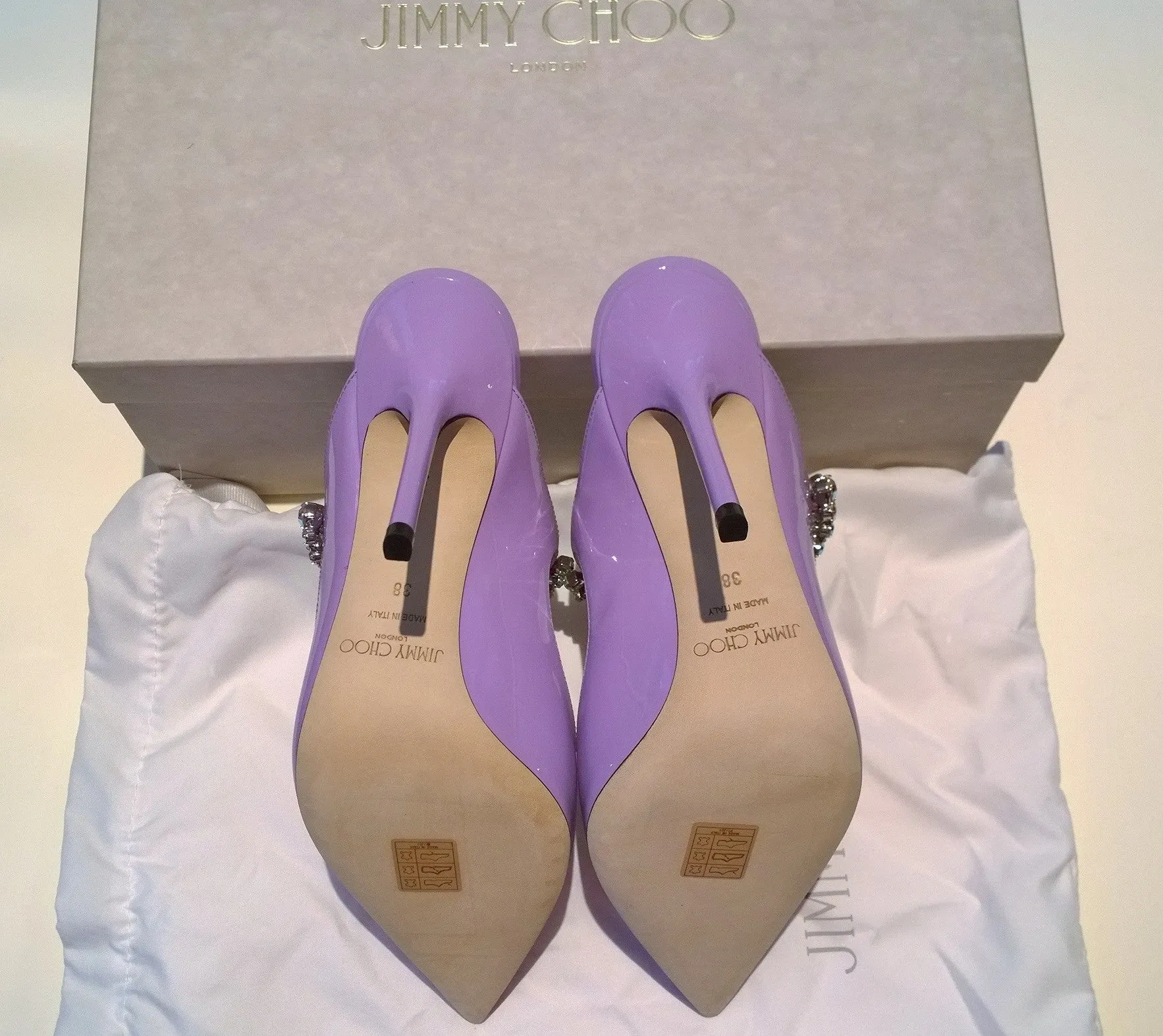 Jimmy Choo Bing 100 Wisteria Aurora Lavender Patent Leather Heels Mules