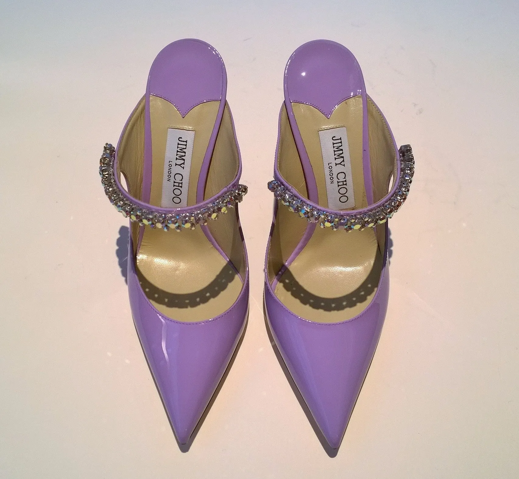 Jimmy Choo Bing 100 Wisteria Aurora Lavender Patent Leather Heels Mules