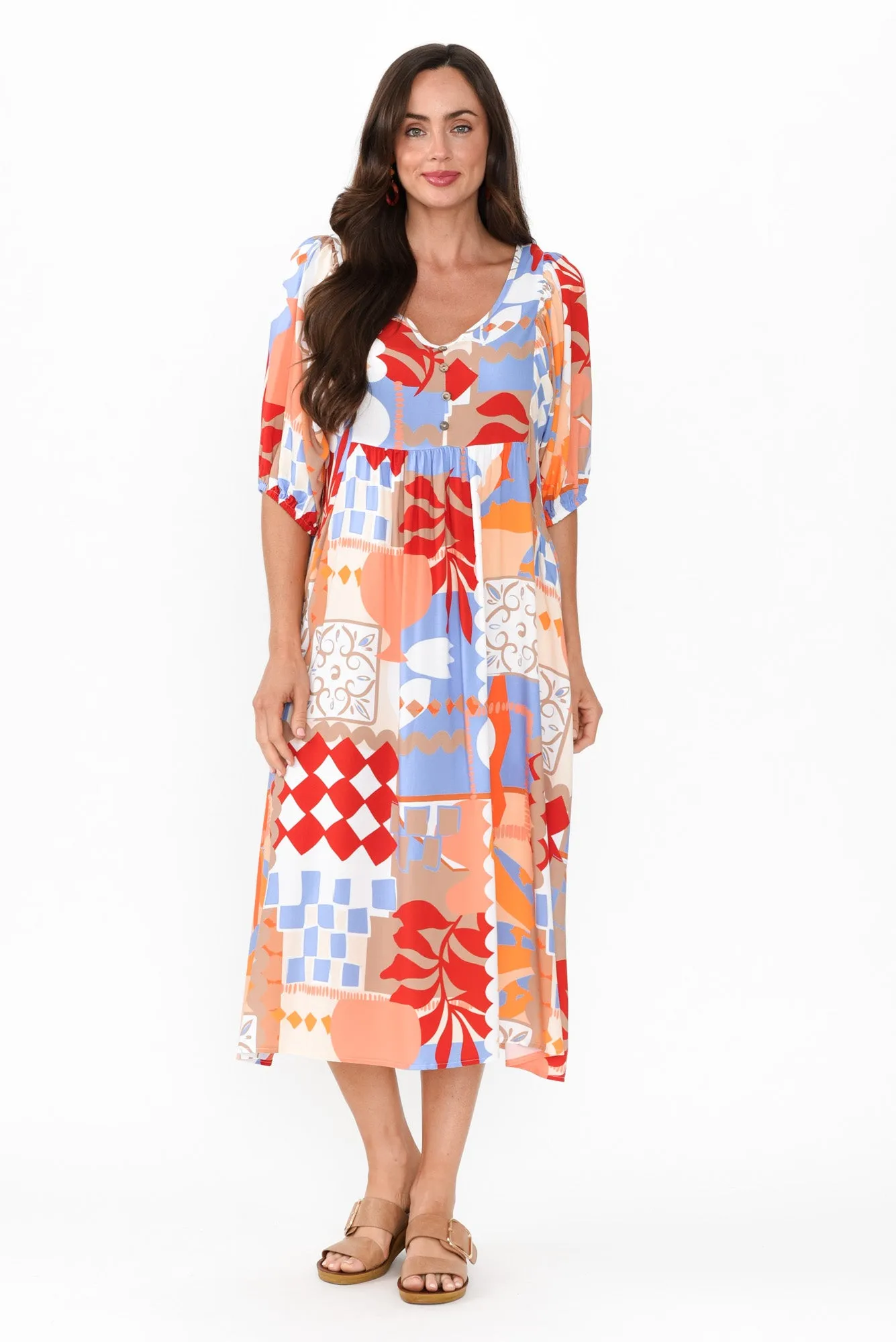 Kacey Orange Mosaic Button Dress