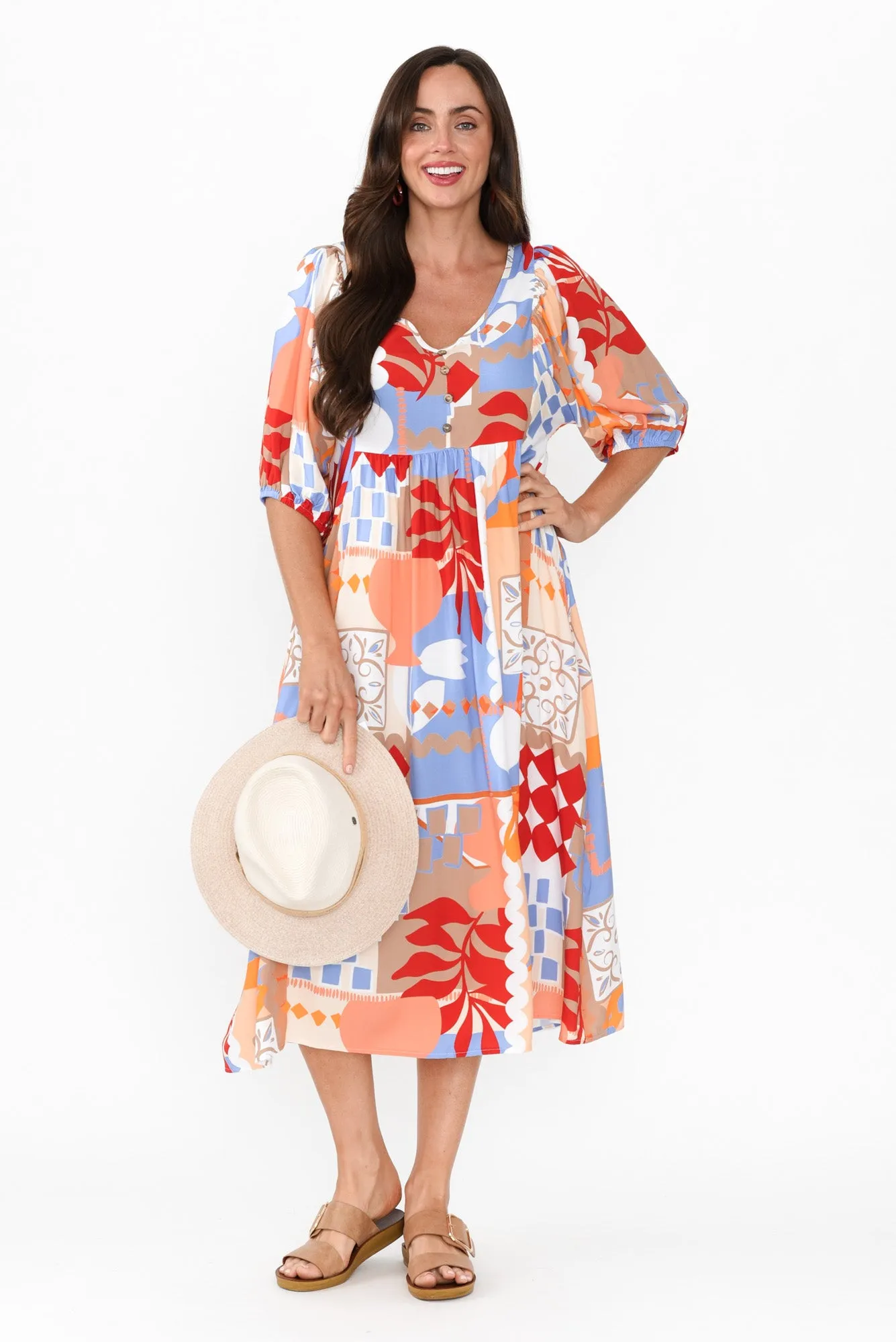 Kacey Orange Mosaic Button Dress