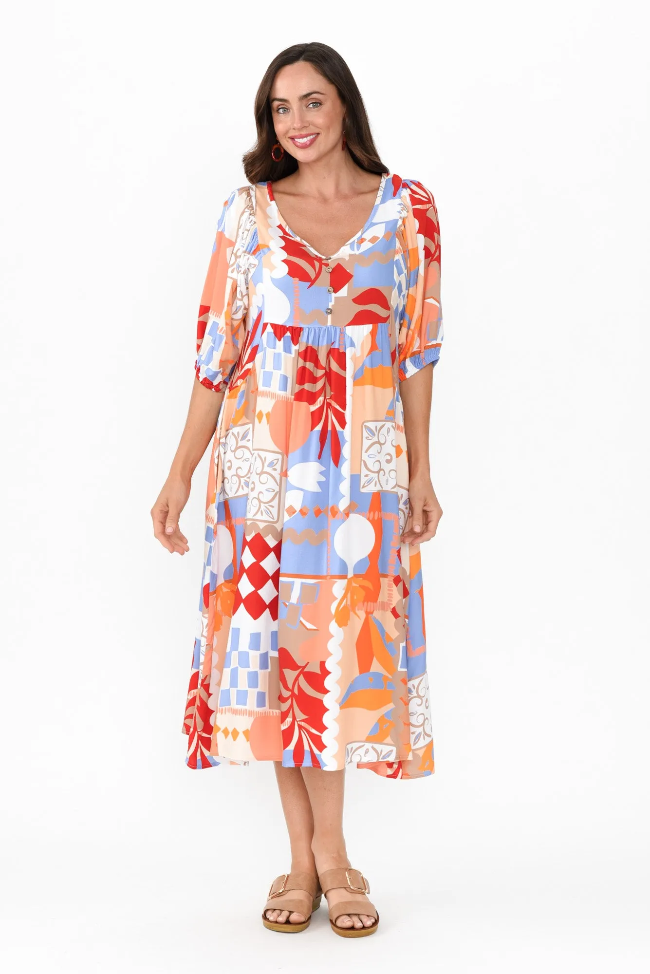 Kacey Orange Mosaic Button Dress