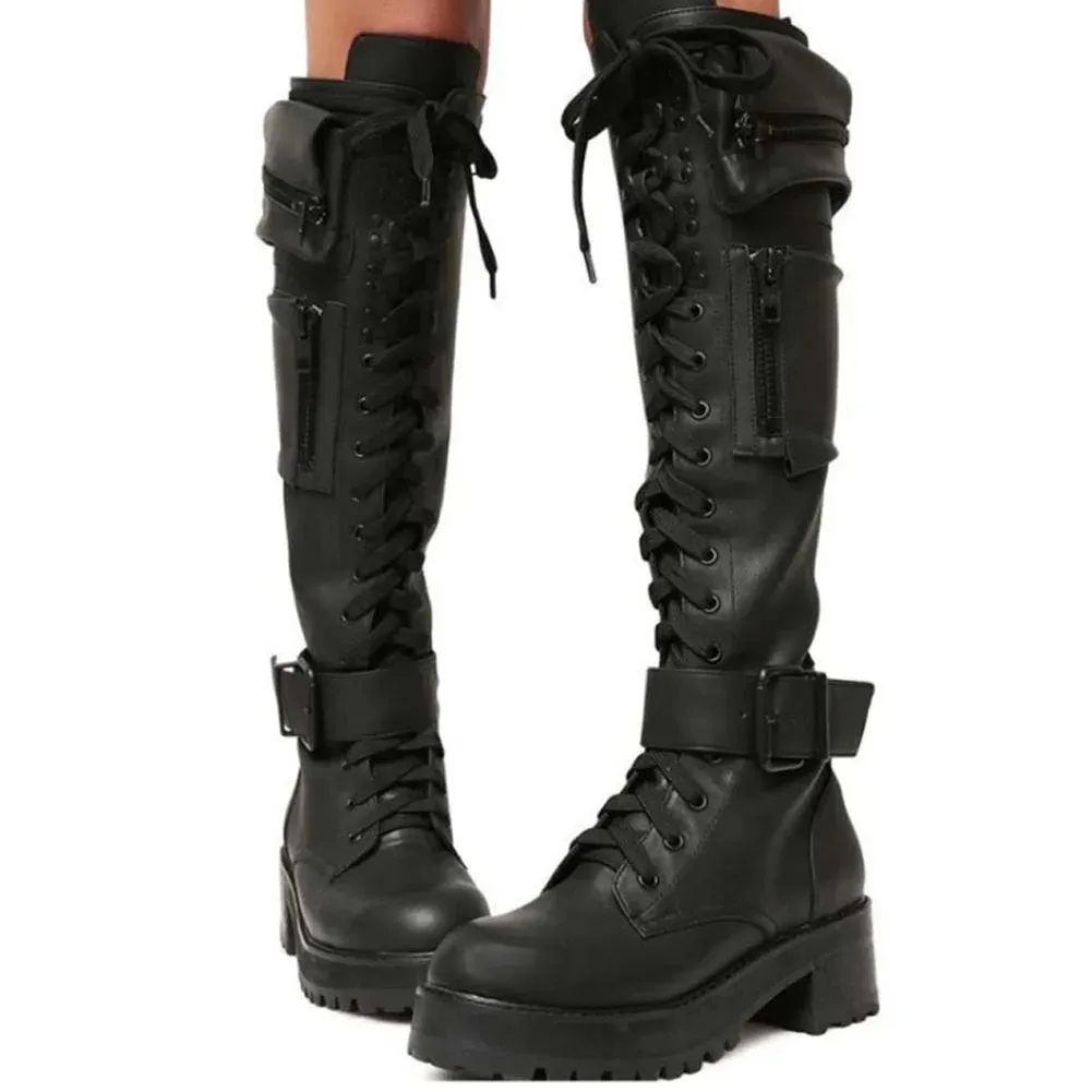 Knee High Boots Women Cool Goth Zipper Design Pocket Lace Up Chunky Heel High Quality Shoes Woman Fashion Popualr Big Size 48