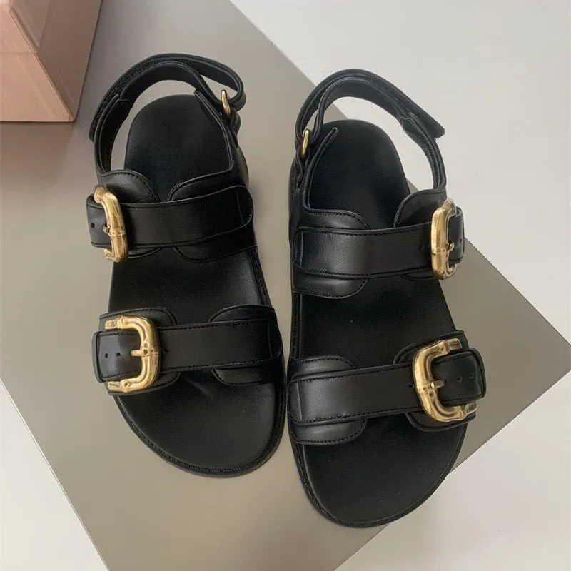 Leather Comfy Platform  Sandals for Lady Double Buckles Flatform Footbed Sandals in Black