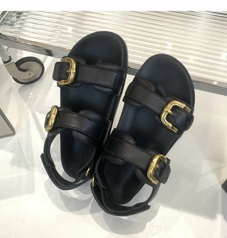 Leather Comfy Platform  Sandals for Lady Double Buckles Flatform Footbed Sandals in Black