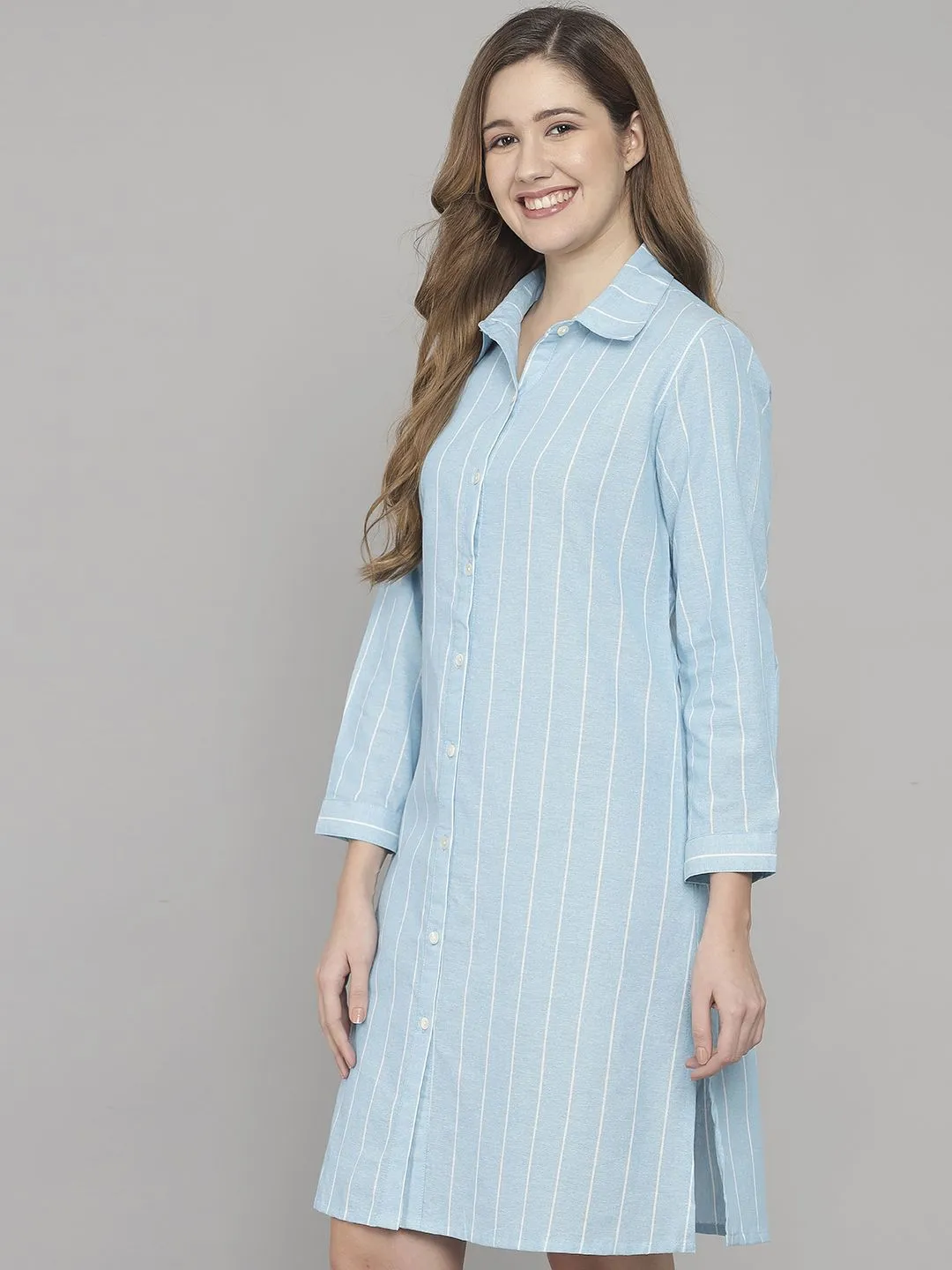 Light Blue And White Stripe Knee Length Cotton Sleep Shirt