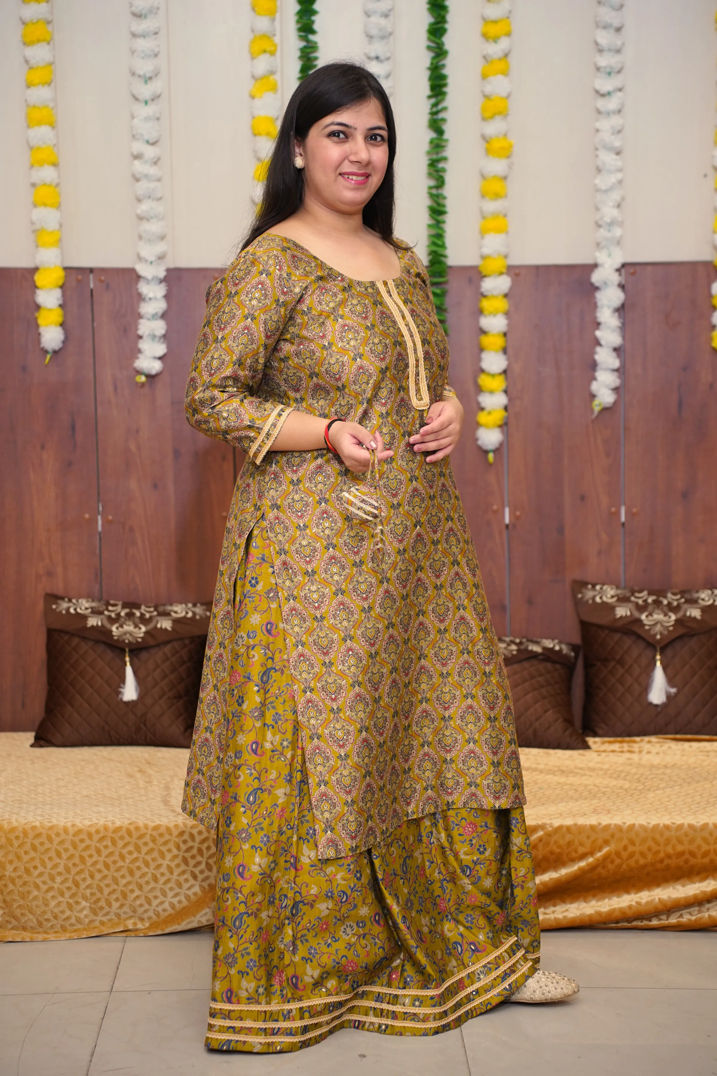 Mustard Olive Foiled Skirt Suit