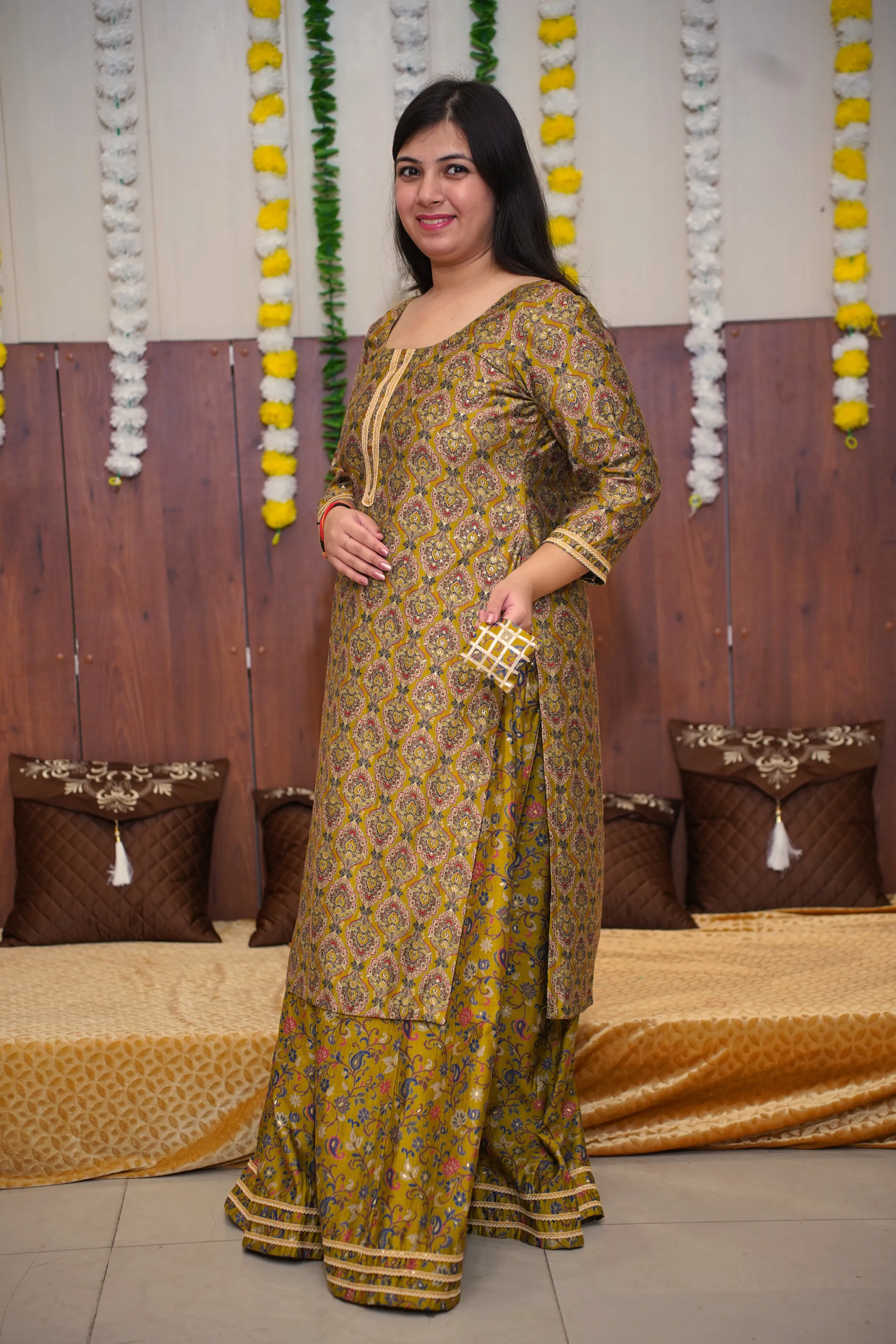 Mustard Olive Foiled Skirt Suit