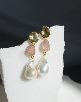 October | Rose Quartz Birthstones x Pearls Earrings