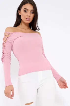 Pink Ribbed Bardot Lace up Sleeve Top - Phoenix