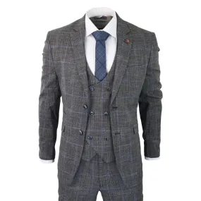 Power - Men's 3 Piece Suit Check Grey Blue Double Breasted Wedding