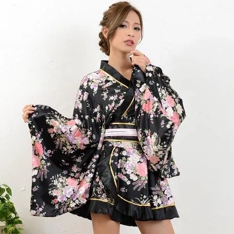 Satin Kimono Dress - Black