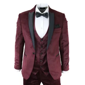 Simon - Men's Marc Darcy Velvet Paisley Burgundy Fit 3 Piece Suit Tuxedo Wedding