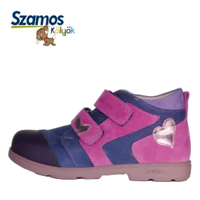 Szamos kid girl supinated sneakers purple with fuxia velcro straps and heart decor little kid/big kid size