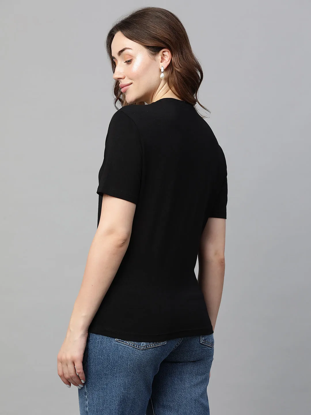 Women's Black Cotton Bamboo Elastane Regular Fit Tshirt