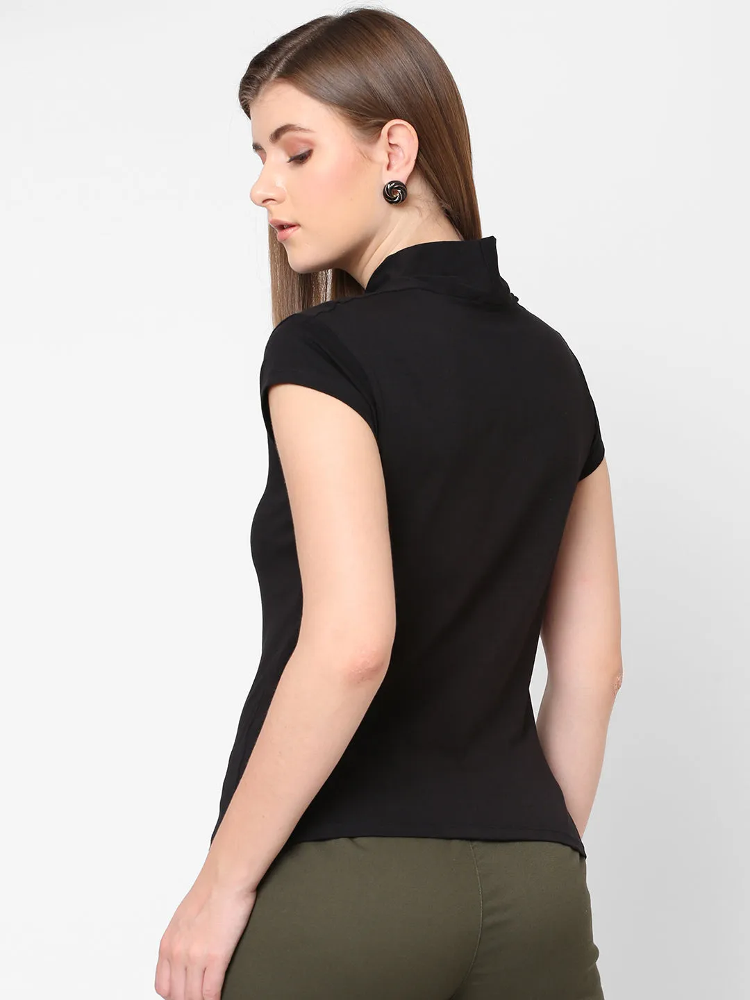 Women's Black Cotton Elastane Slim Fit Tshirt