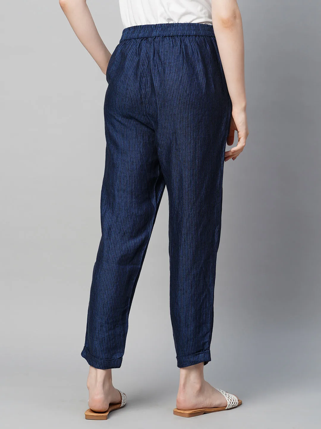 Women's Blue Linen Regular Fit Pant