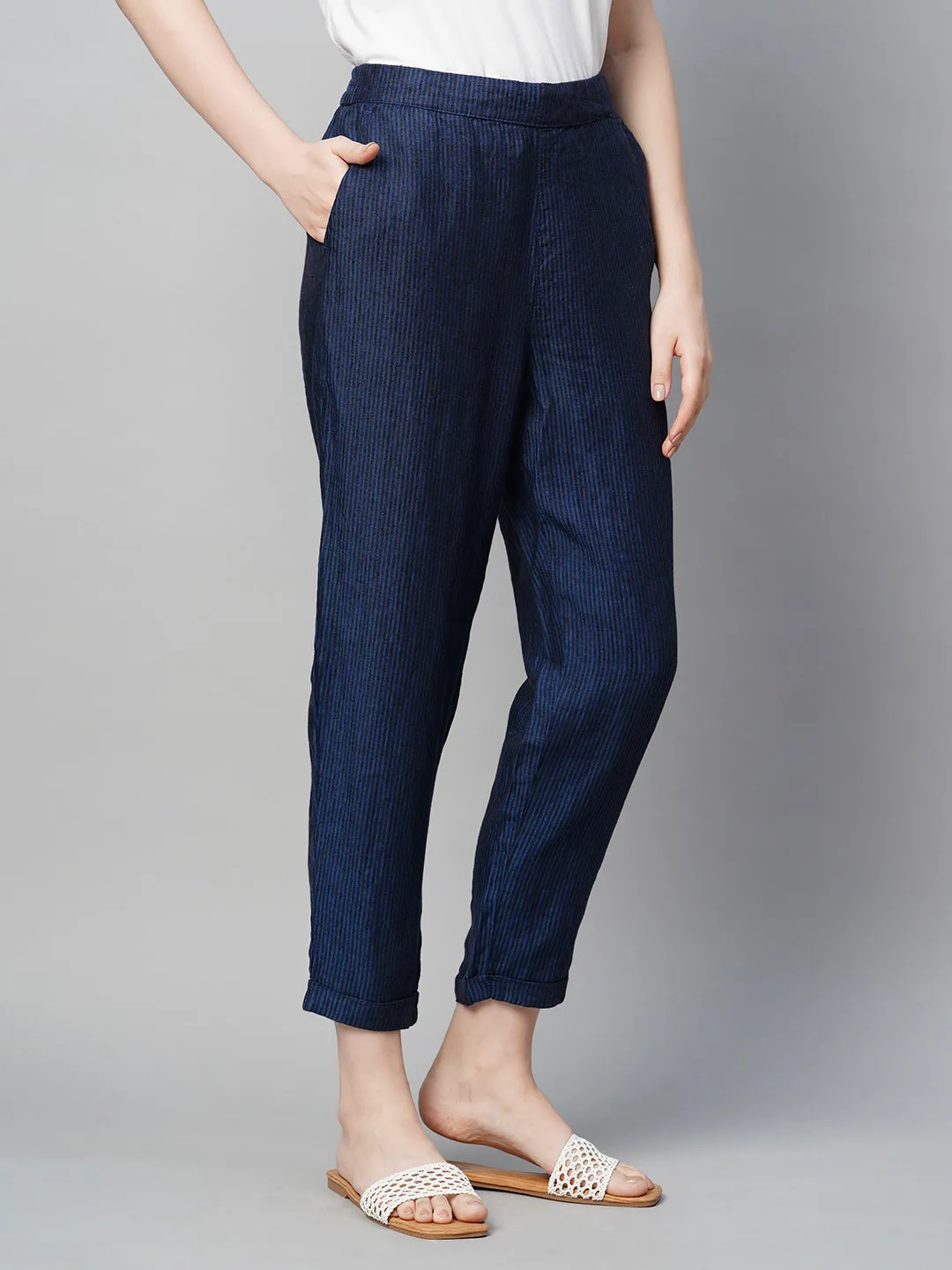 Women's Blue Linen Regular Fit Pant