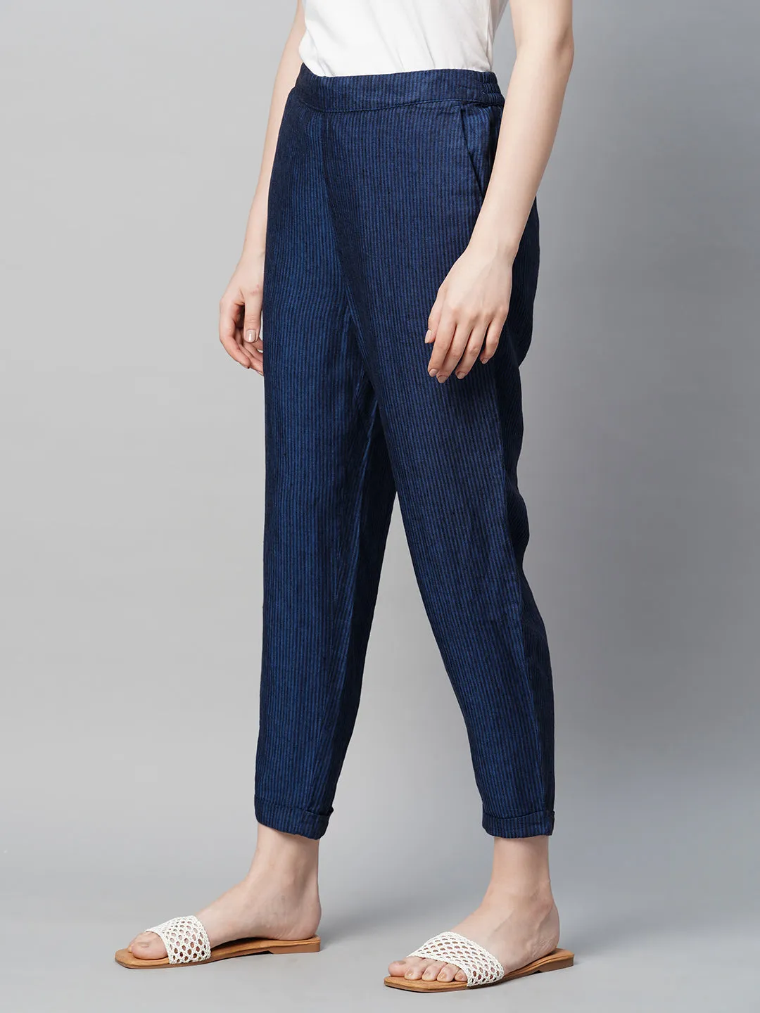 Women's Blue Linen Regular Fit Pant