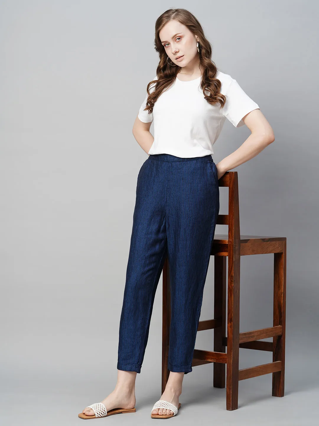 Women's Blue Linen Regular Fit Pant