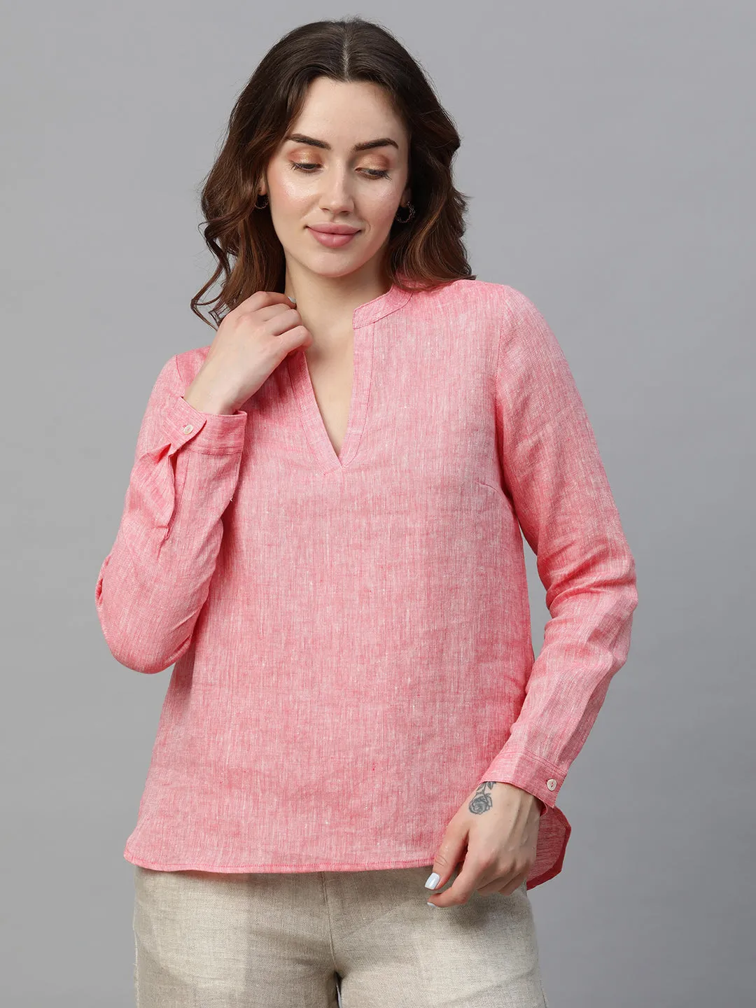 Women's Pink Linen Regular Fit Blouse