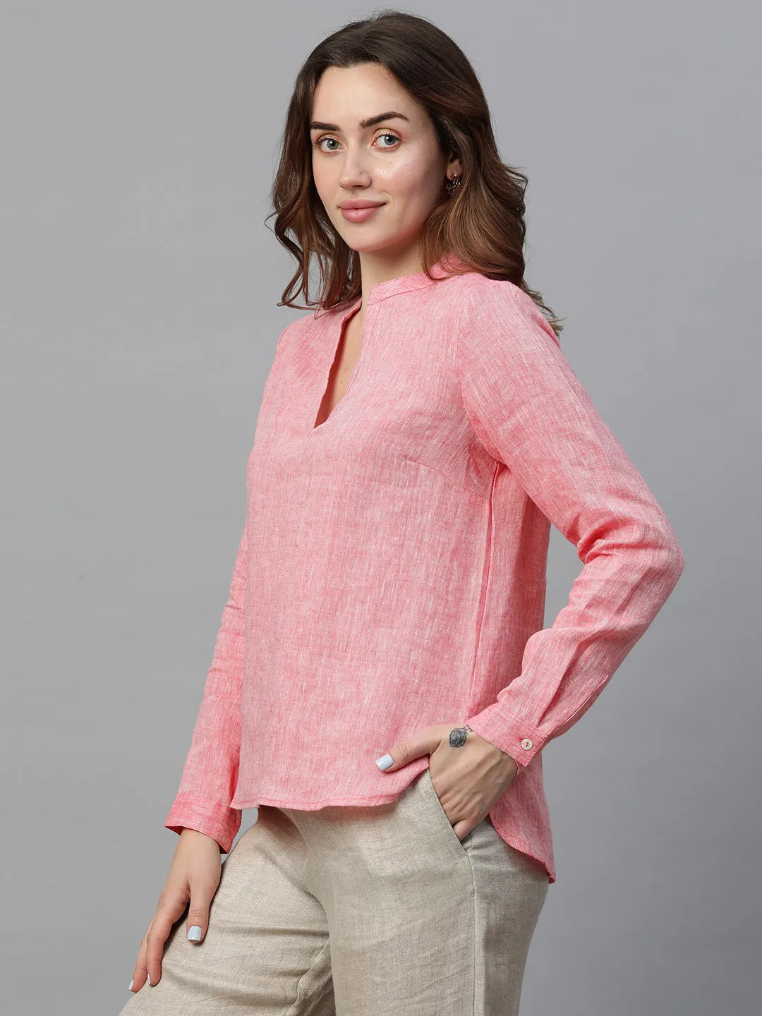 Women's Pink Linen Regular Fit Blouse