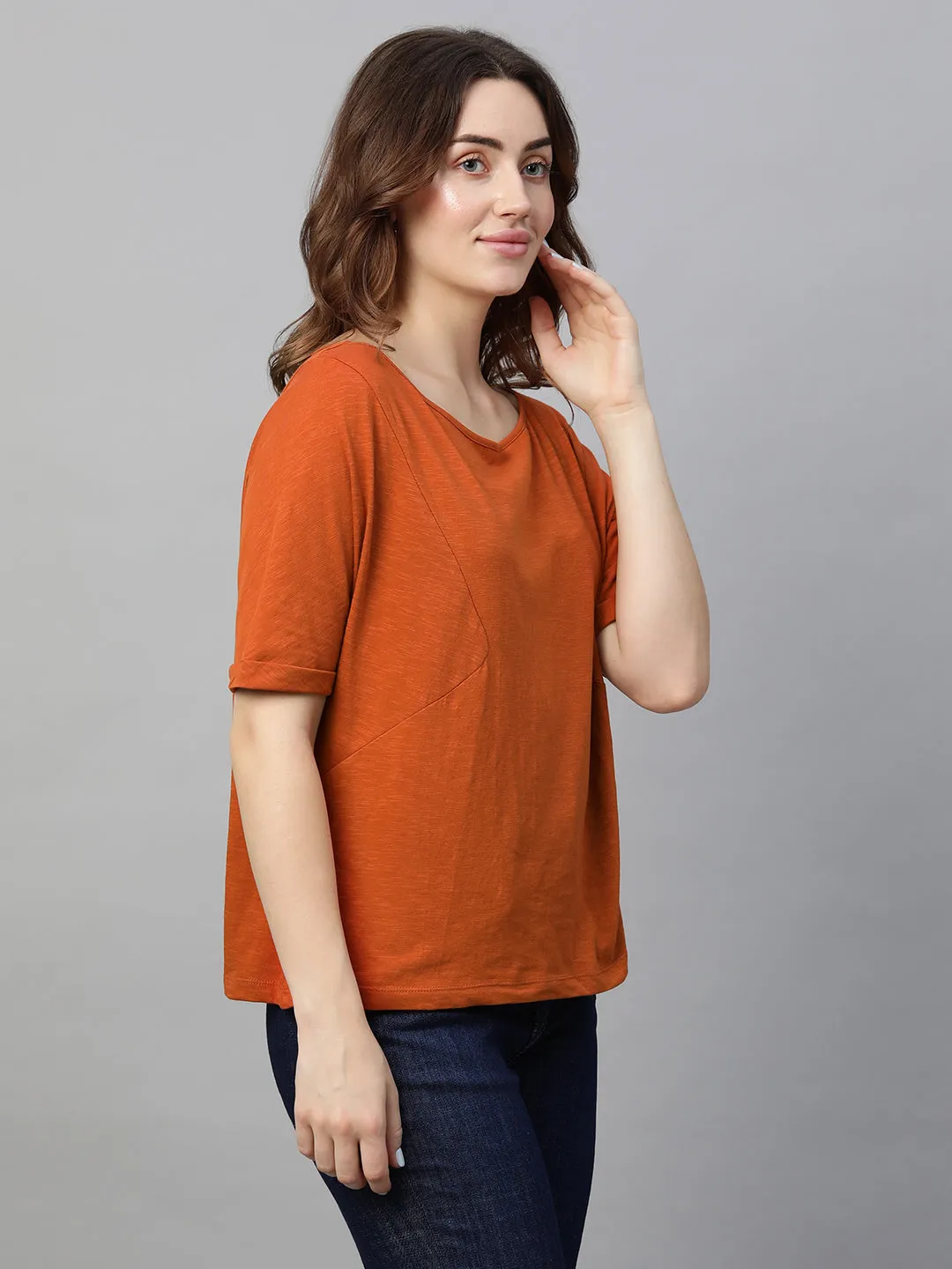 Women's Rust Cotton Regular Fit Tshirt