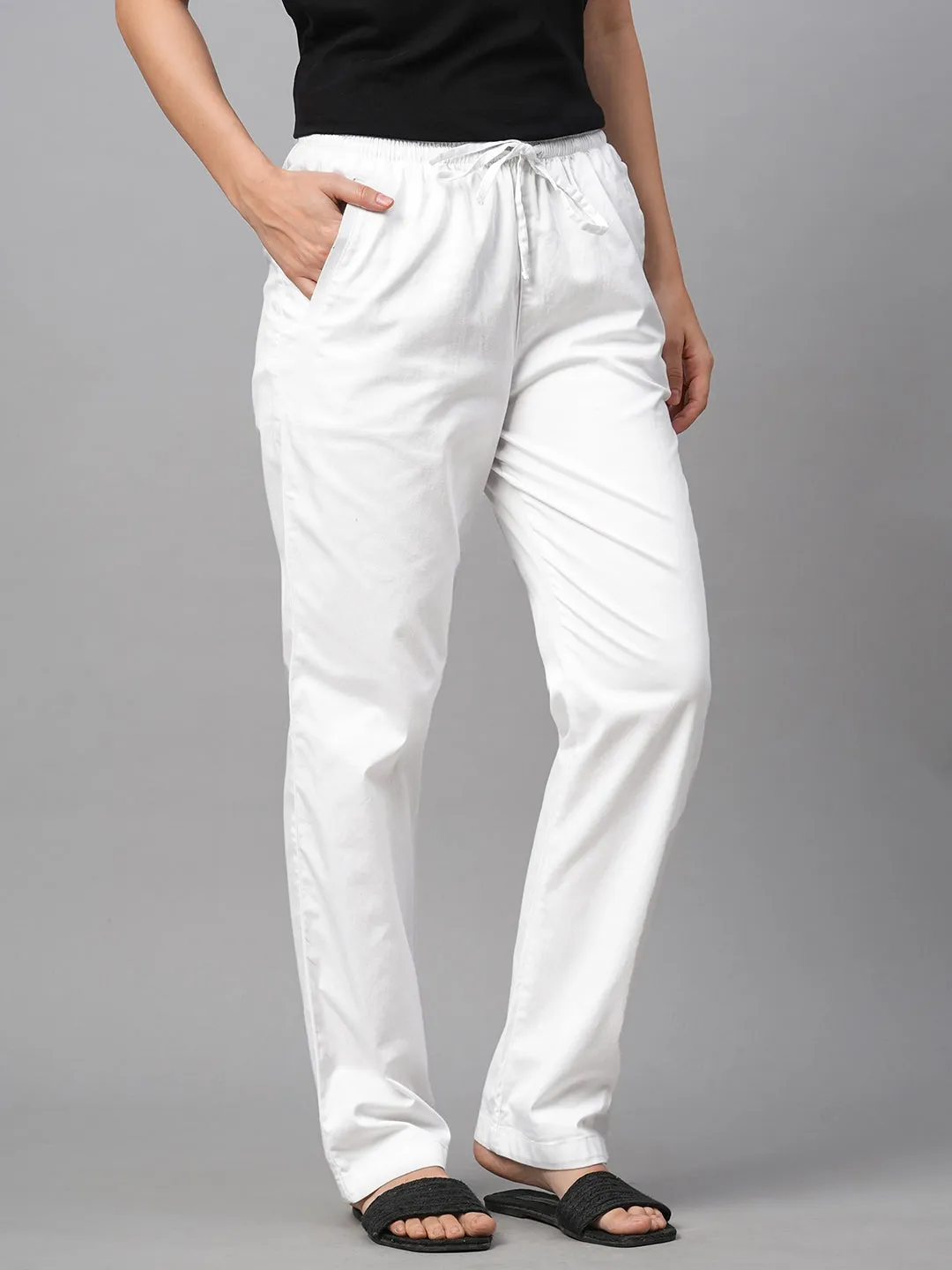 Women's White Cotton Lycra Regular Fit Pant